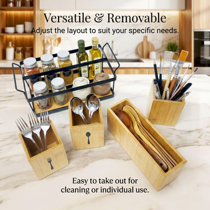 QZV Silverware Caddy Wooden Silverware Holder Cutlery Storage Organizer Paper Plate Dispenser Flatware Cutlery Holder for Party Utensil Caddy for Spoons Forks Napkins Plates
