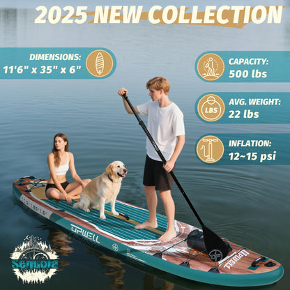 UPWELL 11'6"×35" Extra Wide Inflatable Paddle Board, Stand Up Paddle Board with Kayak Seat, Sup Paddle Boards for Adults, Sequoia Green