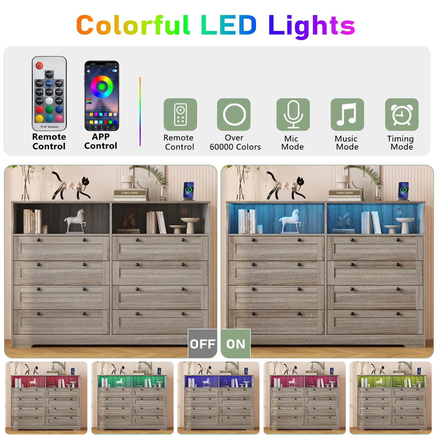 GAOMON 8 Drawer Wooden Dressers for Bedroom with Power Outlet and LED Lights, Grey Wood Chest of Drawers with Deep Drawer, Modern Wide TV Stand Dresser for 55" TV for Bedroom, Living Room, Hallway