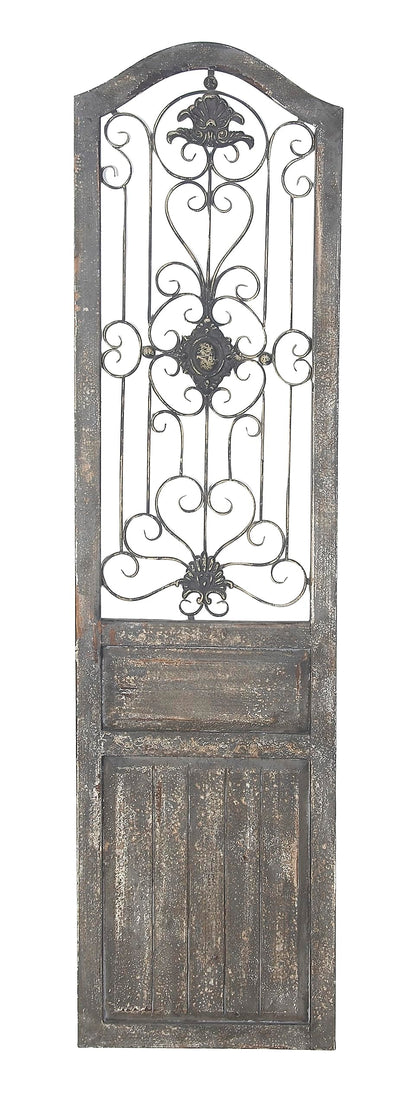 Deco 79 Wood Scroll Home Wall Decor Distressed Door Panel Wall Sculpture with Metal Wire Details, Wall Art 19" x 1" x 72", Brown