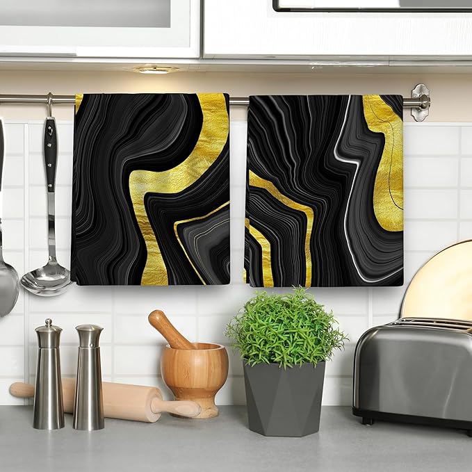 Black Gold Kitchen Dish Towels Set of 4 Soft Absorbent Marble Texture Black