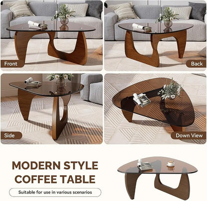 Modern Glass Coffee Table, Triangle Center Table with Tempered Glass Top& Unique Wooden Base, 31.5” Mid Century Tea Tables for Living Room, Apartment, Office,Walnut & Brown