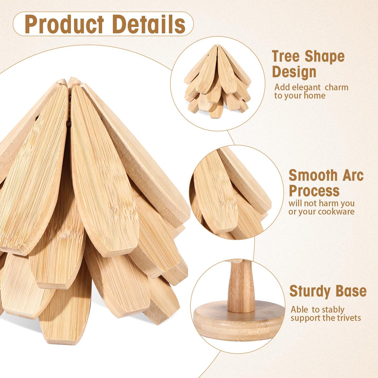 Wonderjune 4 Tree Trivet Set for Hot Dishes, 16 Wooden Trivets and 4 Stands, 2 Sizes Foldable Tree Shaped Coasters Decorative Hot Pad Mat Kitchen Table Decor for Pans, Pots, Cups(Bamboo Wood)