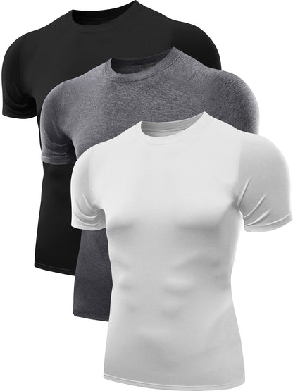 NELEUS Men's 3 Pack Athletic Compression Workout Short Sleeve Shirts,5011,Black,Grey,White,L,EUR XL