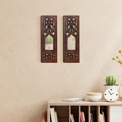 The Wooden Town Wall Hanging Plaques Wall Décor Jharokha With Mirror, Elegant Sculpture Wall Décor Panel to Enhance the Décor of Your Room or Office - 12x4 Inch - Burnt Set of 2