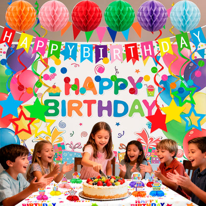 Happy Birthday Party Decorations Kit Includes Honeycomb Balls Star Hanging Swirls Backdrop Cloth Tablecloth Banners & Circle Garland Honeycomb Centerpieces for Party Supplies