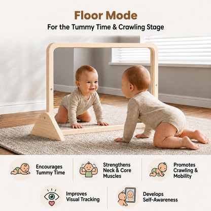 Woodtoe 3-in-1 Montessori Mirror with Bar, Adjustable Toddler Mirror & Pull Up Bar, Montessori Learning Toy for Baby 6-18 Months, Nursery Mirrors, Natural Wood Furniture for Daycare, Kids Classroom