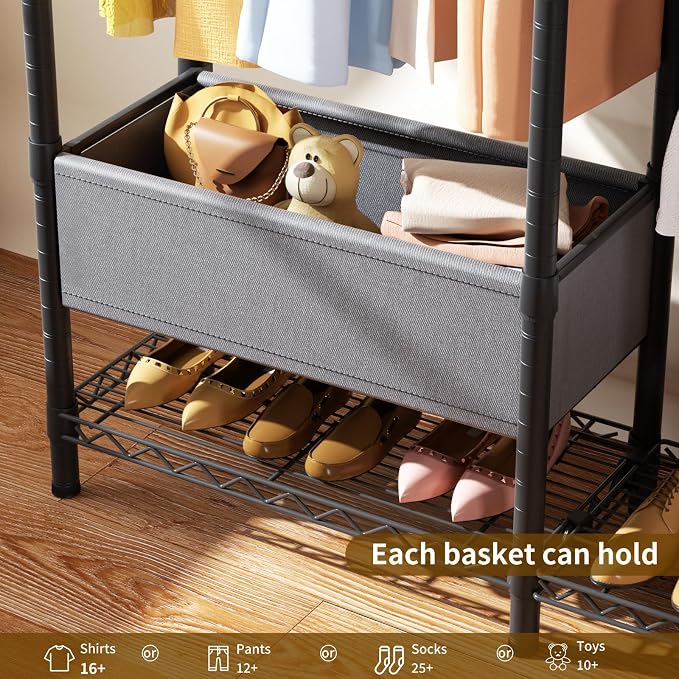 Golpart Clothes Rack Coat Rack Closet Organizers and Storage Laundry Room Organization Heavy Duty Portable Clothing Racks for Hanging Clothes Adjustable Freestanding with Shelves and Wheels Black