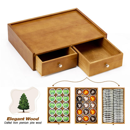 Inlisy 15.8"L X 11.8"W X 4"H Wooden K cup Storage, Keurig Stand With Storage, Coffee Pod Holder Organizer, Desktop Kitchen Storage with 2 Drawers, 30/40/60 Pod Capacity, Natural