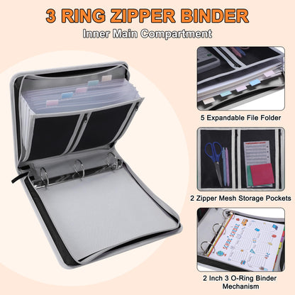 Ndsox Zipper Binder 3 Ring with Handle, 2 Inch O-Ring Document Organizer Middle School Binder with Zipper for Students, 5-Tab Expanding File Folder & 2 Mesh Pouches, DIY Clear Front Pocket, Black