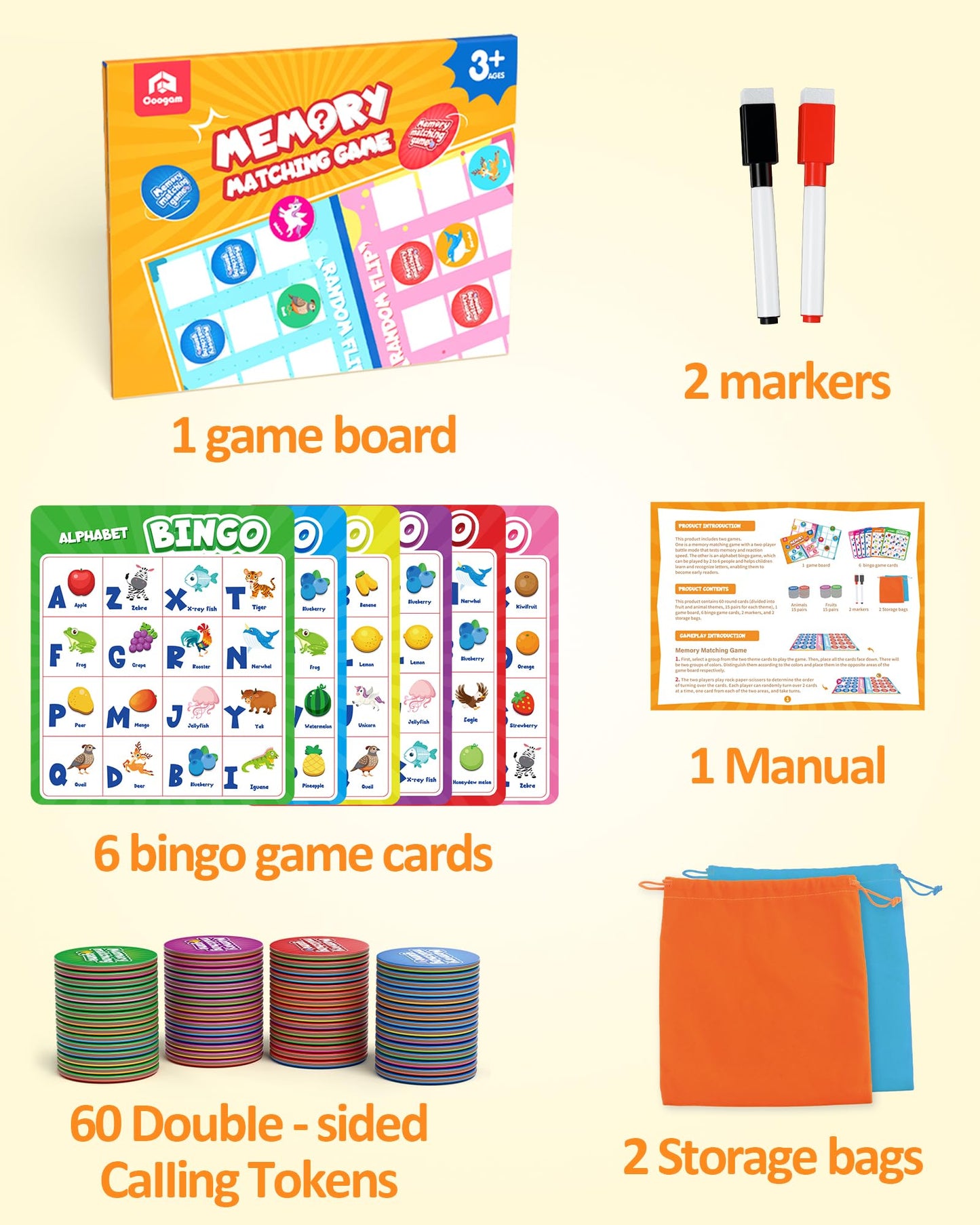 Coogam Alphabet Bingo Game, ABC Learning Letter Recognition and Phonetic Words with Pictures - Early Educational Activity Gift Toys for Kids Age 3-7
