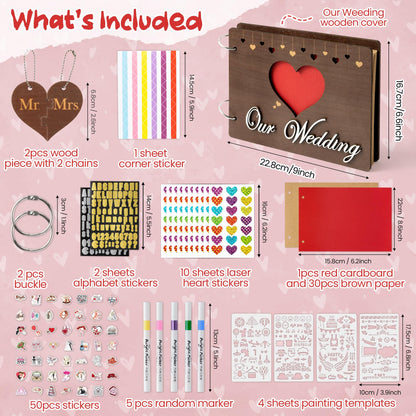 CY2SIDE Our Wedding Scrapbook Album - 111PCS DIY Wooden Memory Photo Book Craft Kit with Stickers Markers Stencils Photo Corner Mr & Mrs Ornament, Picture Journal Gift for Bridal Wedding Anniversary
