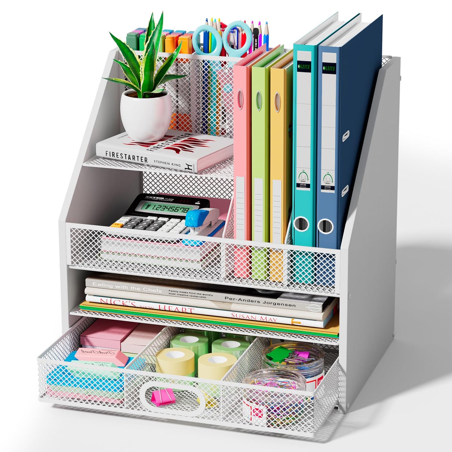 Homsorout Wooden Desk Organizer - Mesh File Organizer with Drawers and Pen Holder - 4-Tier Vertical Paper Letter Storage Tray, Desktop Organizers and Accessories for Home Office （White