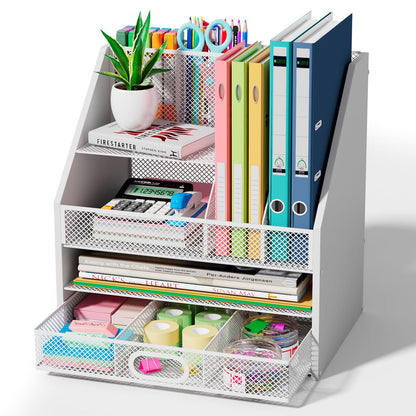 Homsorout Wooden Desk Organizer - Mesh File Organizer with Drawers and Pen Holder - 4-Tier Vertical Paper Letter Storage Tray, Desktop Organizers and Accessories for Home Office （White