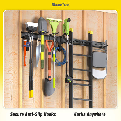 BlumeTrec Garage Tool Organizer Wall Mount, 48" Heavy-Duty Metal Wall Organizer, 3 Rails with 6 Adjustable Hooks, Garden Storage Rack for Organization Sturdy Tool Hanging Holder for Shovel Shed Yard