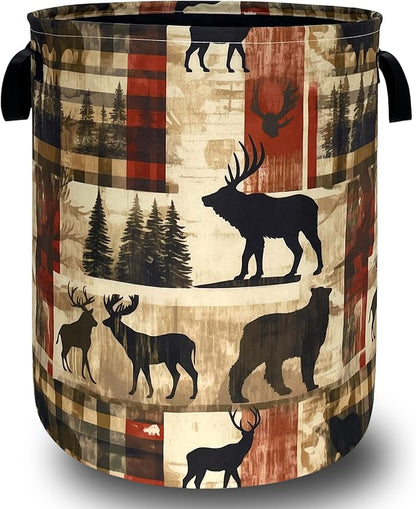Deer Laundry Basket Portable Oxford Cloth Funny Retro Forest Animal Bears