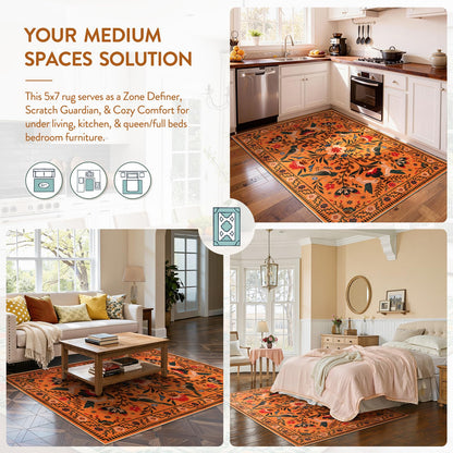 Moynesa Bedroom Rug 5x7, Washable Bohemian Scandinavian Orange Area Rugs for Living Room Dining Room Reading Coner, Modern Country Floral Bird Carpet, Fall Home Decor Non-Slip Protection