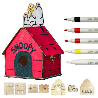Ooly x Peanuts Snoopy Birdhouse Kit, Build & Paint Wooden Craft with 5 Acrylic Paint Markers, Twine & Instructions, Kids Craft Set Featuring Snoopy & Woodstock