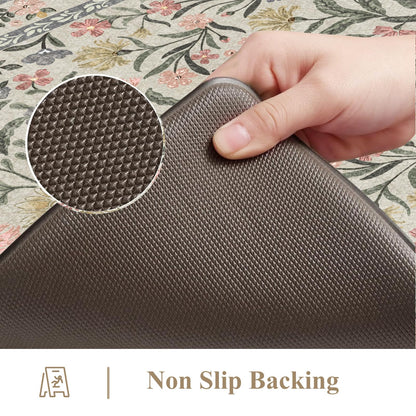 Collive Anti Fatigue Mat for Kitchen Floor, Spring Floral Kitchen Mats for Floor Set of 2, Beige Cushioned Waterproof Sink Rugs Non Slip Comfort Standing Rug for Office, Laundry, Desk