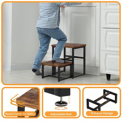 Toddler 2 Step Stool, Kids Wooden 2 Step Stools for Bathroom, Kitchen, Bedroom and Living Room, Heavy Duty Tall Stepping Stool for High Beds and Toilet up to 450-LBS