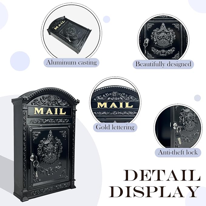 Vintage Mailboxes for Outside, Large Cast Aluminum Locking Mailbox, Weatherproof Metal Mail Boxes for House Outside, Decorative Mailbox Wall Mount for Home Outdoor(12.28"x17.51"x3.62")