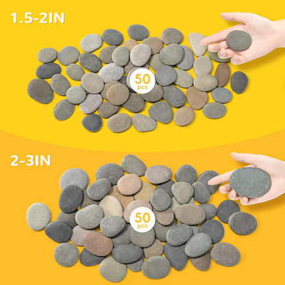 Simetufy 100pcs 1.5-3in River Rocks for Painting,2 Sizes Flat Smooth Rocks for Arts & DIY, Kindness Rocks, Paint Stones for Craft (50pcs Each Size: 1.5-2in, 2-3in)