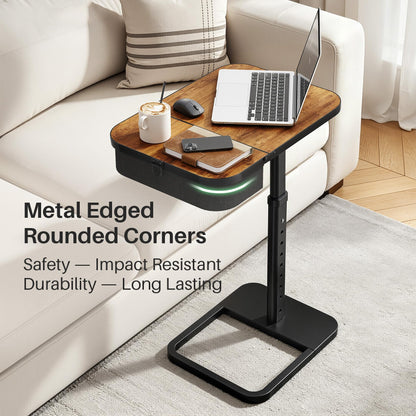 Kitstorack Large TV Tray Table with Flip-Top Storage Compartment for Extra Storage Space, 9 Adjustable Heights TV Trays, Safe Rounded Corners for Living Room, Bedroom, Study, Home Office, Brown