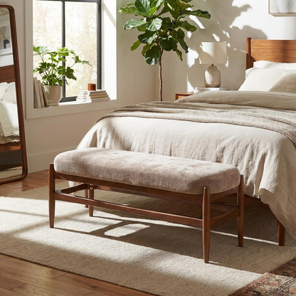 Christopher Knight Home Rubab 53.35" Chenille Fabric Upholstered End of Bed Ottoman Foot Rest, Wooden Ottoman Bench, Long Entryway Bench, Bedroom End of Bed Foot Stools, Light Brown + Walnut