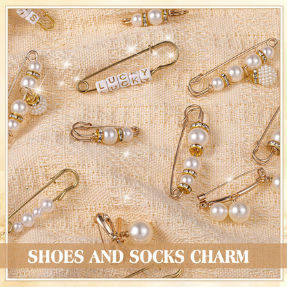Janinka 348 Pcs DIY Junk Socks Charms Kit with Letter Beads, Gold Charm Safety Pin Brooch Pearl Rhinestone Jewelry Bulk Decorating Accessories for Women Socks Shoes Hat Clothes (Elegant Style)