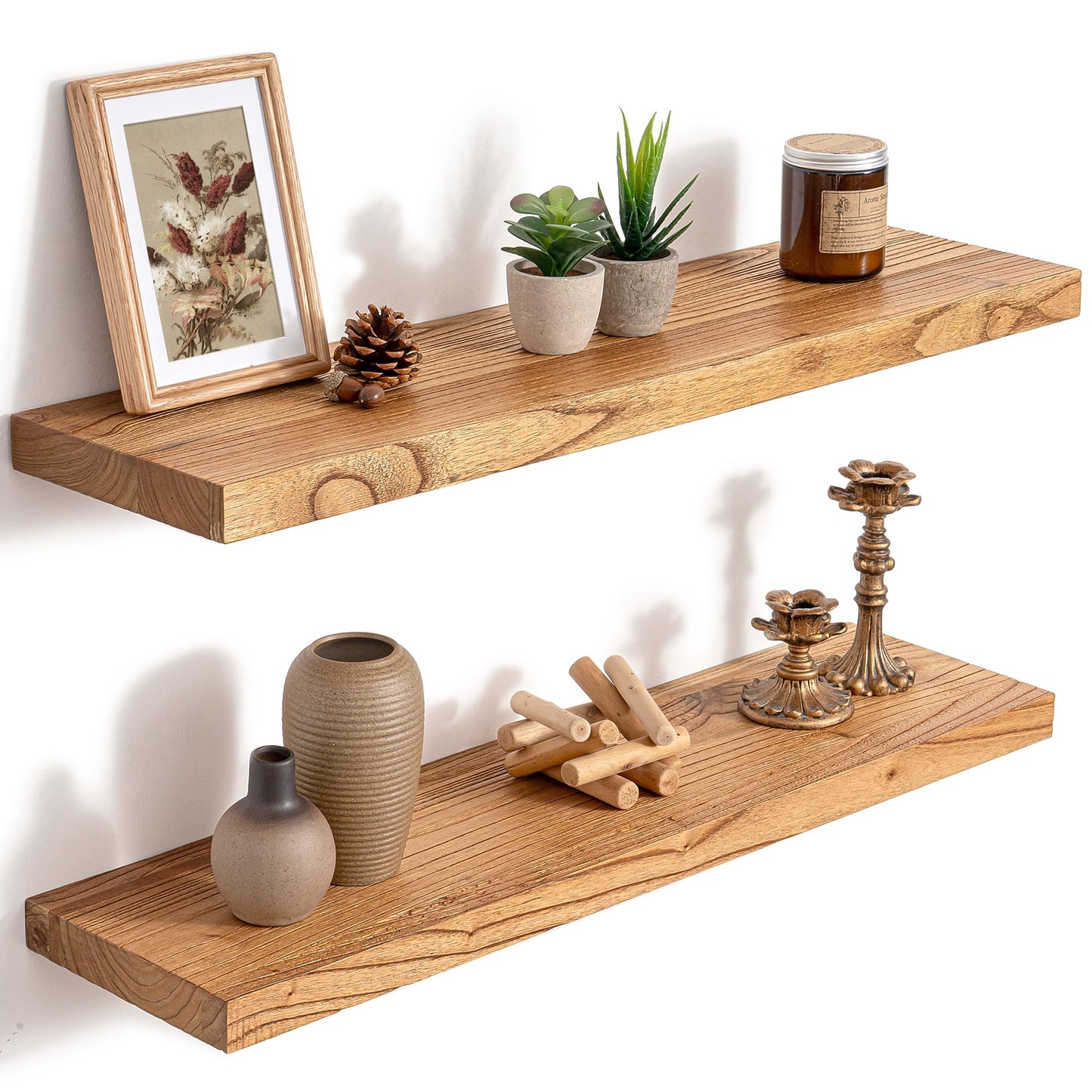 RICHFOCUS 30inch Natural Floating Shelves for Wall, 8" Deep High End Solid Real Wood Wall Shelves for Bathroom, Rustic Wooden Floating Shelves with Invisible Brackets for Books Storage Decor, Set of 2