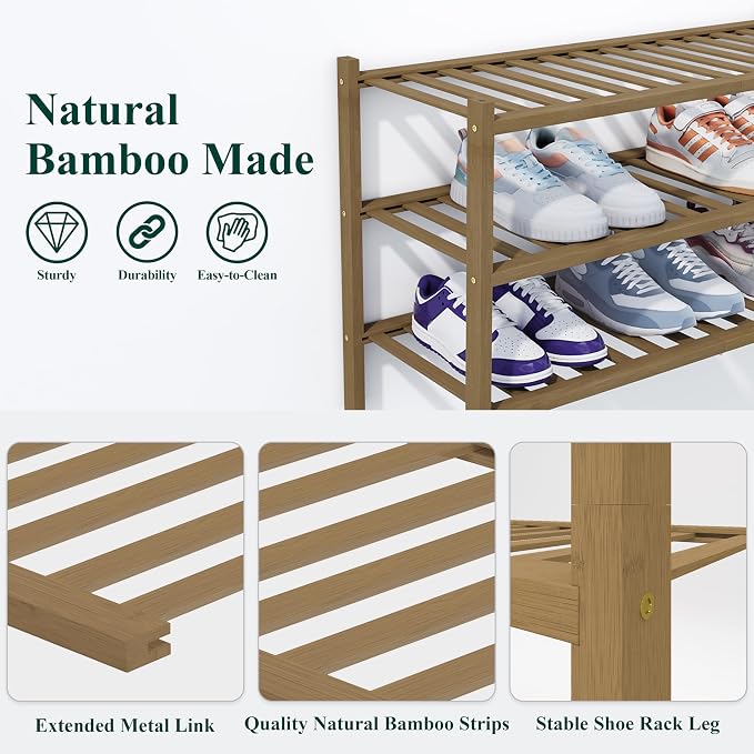 Smiry Bamboo Shoe Rack, 2 Tier Free Standing Wooden Shoe Organizer, Stackable Wood Shoe Storage Shelf for Closet, Entryway, 14 Vertical Slats, One-piece Heavy-Duty Legs, 26.8"x11"x13", Walnut