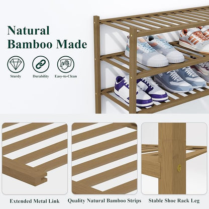 Smiry Bamboo Shoe Rack, 4 Tier Free Standing Wooden Shoe Organizer, Stackable Wood Shoe Storage Shelf for Closet, Entryway, 14 Vertical Slats, 2+2 Stack Heavy-Duty Legs, 26.8"x11"x26", Walnut