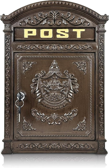 Vintage Lockable Mailbox, Heavy Duty Cast Aluminum Wall Mount Mailbox, Weatherproof Decorative Mail Box for Outside, Bronze Finish, Large Capacity