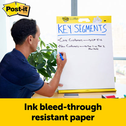 Post-it Meeting Chart, 20 x 23 Inches, 20 Sheets Per Pad, 1 Pad, Portable, White, Primary Ruled Lines, Premium Self Stick Flip Chart Paper, Great for Teachers and Students, Built-in Easel Stand