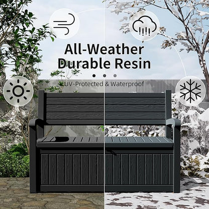 80 Gallon Outdoor Storage Bench Deck Box Waterproof Lockable,Outdoor Storage Furniture for Patio,Garden and Porch,Tools and Cushions（ Black Stripe）