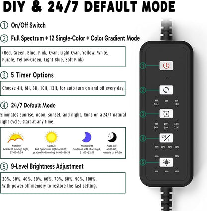 24/7 LED Aquarium Light for 12-18 Inch Plant & Fish Tank IP68, 12-Color & Gradient & Full Spectrum with Sunrise-Daylight-Moonlight, Auto On/Off, Brightness, Extendable Brackets for Freshwater