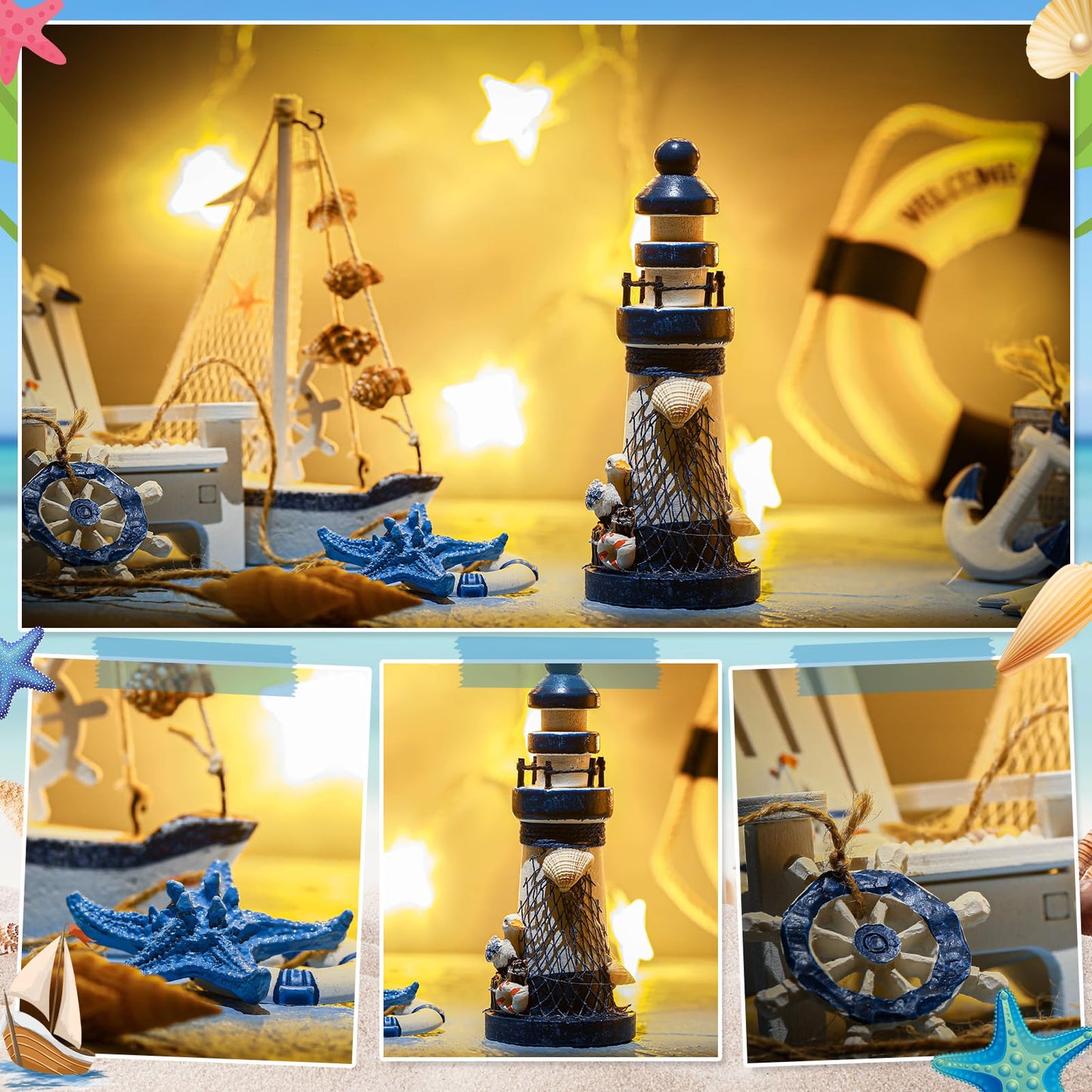 Yousoontic 14 Pack Mini Wood Nautical Home Decor Mediterranean Style Lighthouse, Beach Chair, Sailboat, Wood Box, Anchor, Life Ring, Starfish, Fish Pendant, Swimming Ring, Long Conch, Helmsman, Birds