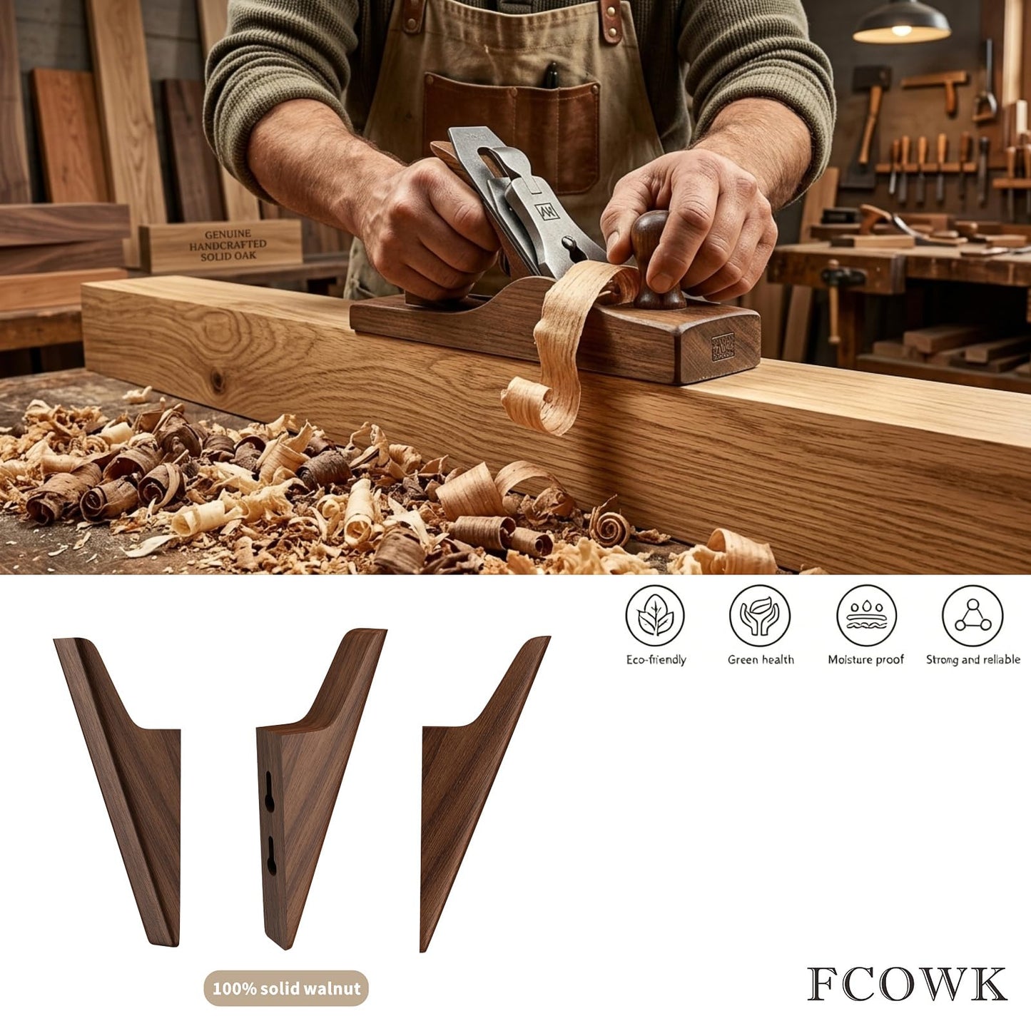 FCOWK Walnut Wood Wall Hooks - 4 Pack, Heavy Duty Coat Hooks Wall Mount for Entryway, Bathroom & Bedroom. Minimalist Wooden Wall Hooks for Hanging Coat, Hat, Bag, Towel, Backpack (Dark Walnut)