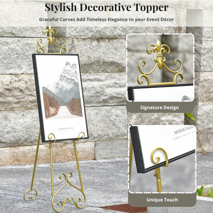 CaliDecor 60” H Gold Easel Stand for Sign, Large Adjustable Metal Display Standing for Displaying Pictures Wedding Poster Holder Showcasing with Chain Support