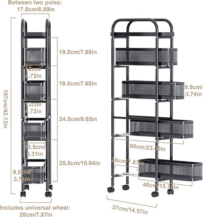 UMDONX Slim Storage Cart 5 Tier with Pull Out Basket Bathroom Organizer Rolling cart, Rolling Utility Cart Slide Out Organizer for Kitchen, Bathroom, Laundry Black