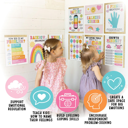 Hadley Designs 9 Calming Corner Posters for Classroom Must Haves - Calm Down Corner Supplies with Emotions Chart, School Counselor Mental Health Poster, Feelings Chart For Kids, Gold Classroom Decor