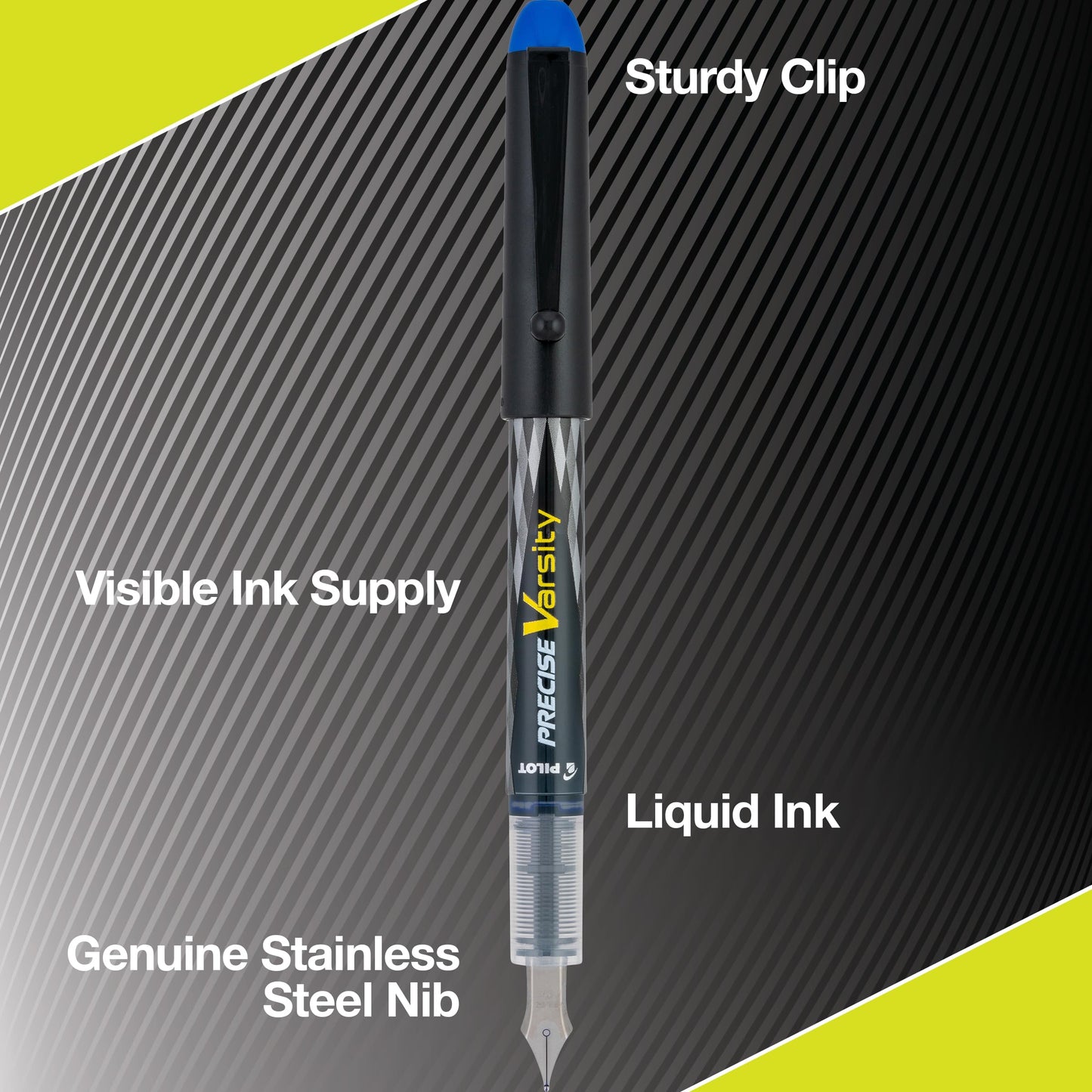 PILOT Pen 90029 Precise Varsity Pre-Filled Fountain Pens, Medium Point Stainless Steel Nib, Black/Blue/Red/Pink/Green/Purple/Turquoise, 7-Pack Pouch