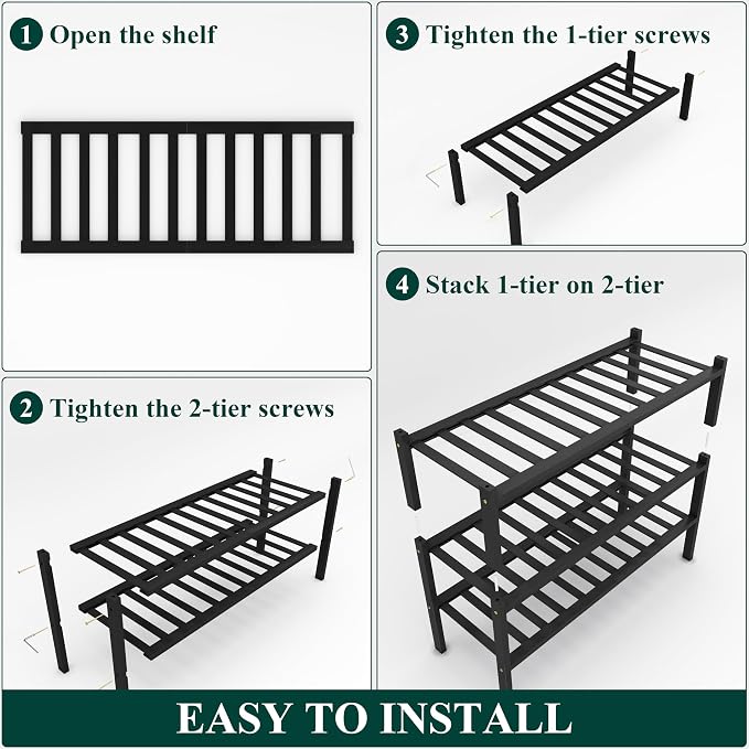 Smiry Bamboo Shoe Rack, 3 Tier Free Standing Wooden Shoe Organizer, Stackable Wood Shoe Storage Shelf for Closet, Entryway, 14 Vertical Slats, 2+1 Stack Heavy-Duty Legs, 26.8"x11"x19.5", Black