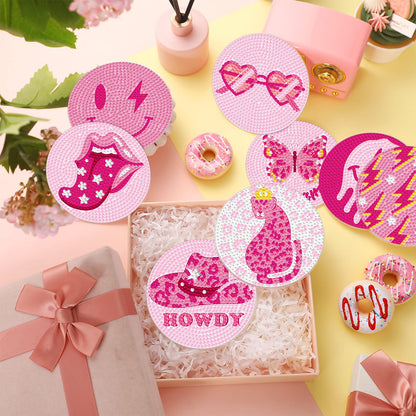 Shellwei 8 Pcs Pink Preppy Diamond Painting Art Coasters with Holder Y2k Smile Face Butterfly Diamond Art Coaster Kit DIY Craft Gift for Adults Beginners