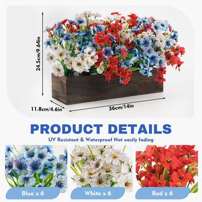 Red Wihte and Blue Flower Centerpieces for Table, 4th of July Artificial Flower Decorations 18Pcs UV Resistant Faux Violet Bouquet with Wooden Tray Patriotic Indoor Home Decor Living Room Kitchen