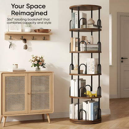 5 Tier Rotating Bookshelf, Corner Wooden, Metal Skinny Bookshelf for Toy Lego Dispaly Book Shelf Room Storage Organizer Furniture Black Tall Bookcase for Bedroom Living Room Office Kitchen Shelf