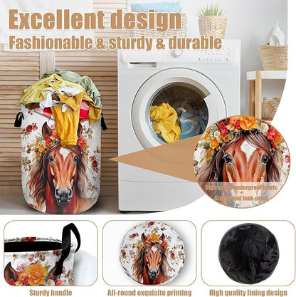 Watercolor Horse Laundry Basket, Foldable Waterproof Animals Floral Laundry