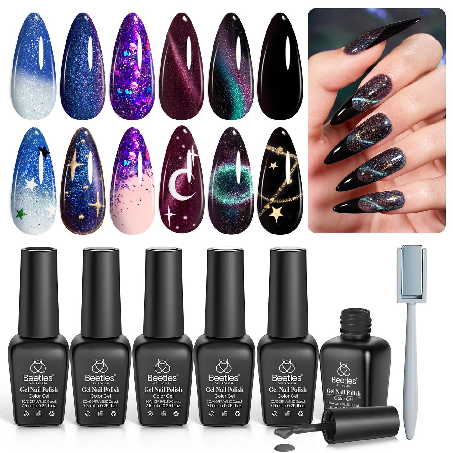 Beetles Cat Eye Gel Nail Polish Set, 6 Colors Glitter Red Pink Shiny Brown Burgundy Purple Blue Green Magnetic Effect Sparkle Stunning Nail Gel Polish Kit Soak Off UV Manicure Gifts for Women