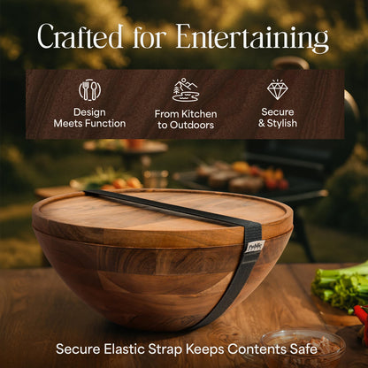 Public House Large Wooden Salad Bowl Set 12.5 Inch with Serving Utensils, Tray Lid and Carry Strap. Acacia Wood Large Salad Bowls Ideal for Fruits and Dishes, Wooden Bowls for Food, Serving Bowl
