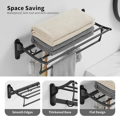BESy 24 Inch Matte Black Towel Racks, Bathroom Towel Shelf with Foldable Towel Bar Holder and Towel Hooks, Wall Mounted Multifunctional Bathroom Accessories, Double Towel Bars